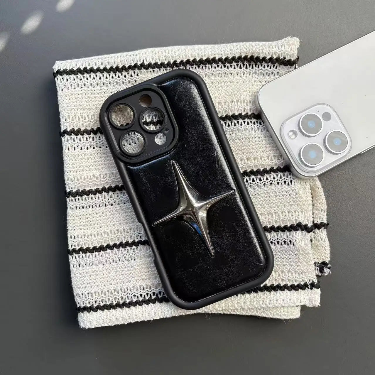 Luxury Metal Star PU Leather Phone Cover Case For iPhone 16 15 14 13 12 11 Pro Max Shockproof Protective Men Women Stylish Cases Caseverse