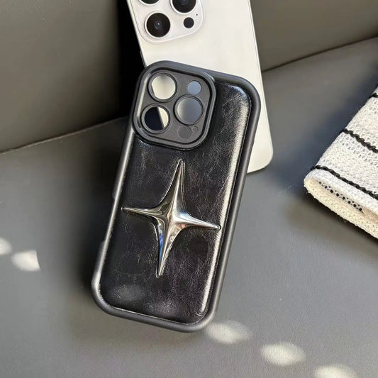 Luxury Metal Star PU Leather Phone Cover Case For iPhone 16 15 14 13 12 11 Pro Max Shockproof Protective Men Women Stylish Cases Caseverse