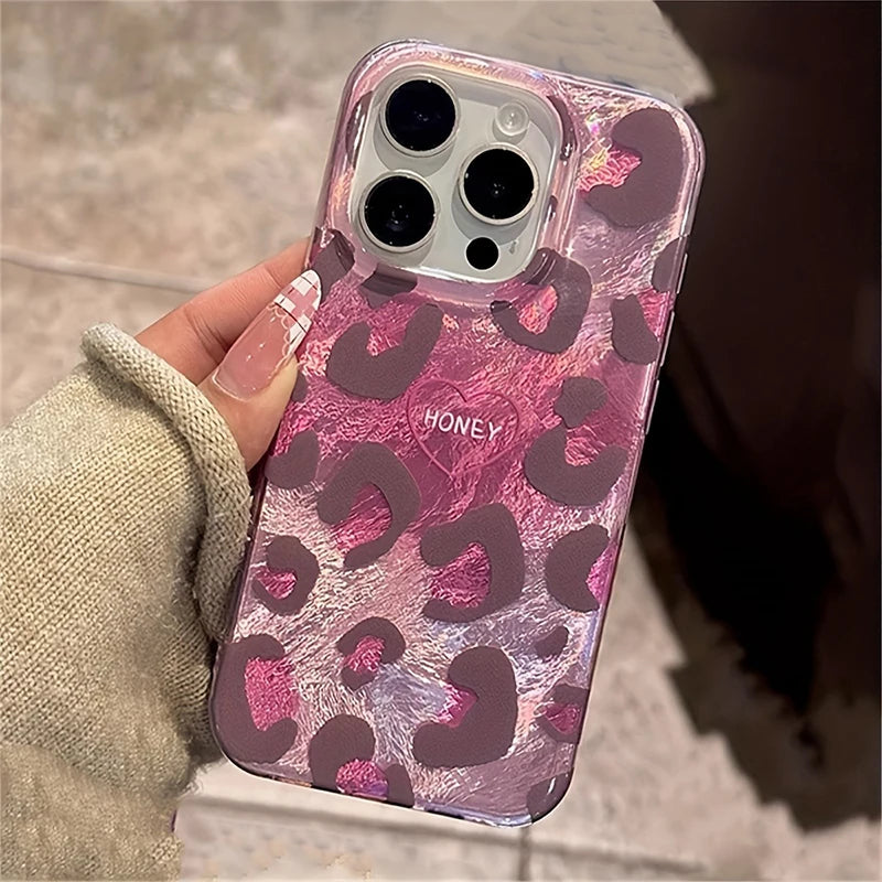 Phone Case for iPhone 16 Pro Max 15 14 Plus 13 12 11 XS X XR 7 8 SE 2022 Cute Pink Leopard Print Stylish Lovely Heart Soft Cover - Caseverse
