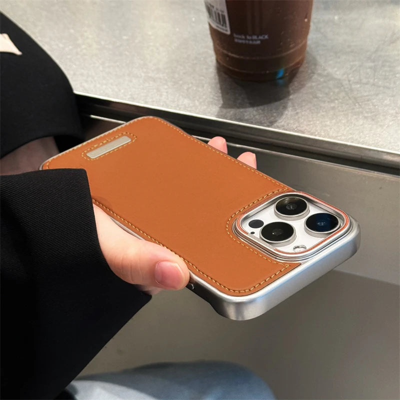 Phone Case Luxury Matte PU Leather Frameless For iPhone 16 15 14 13 12 Pro Max Plus Metal Lens Protection Shockproof Back Cover Caseverse