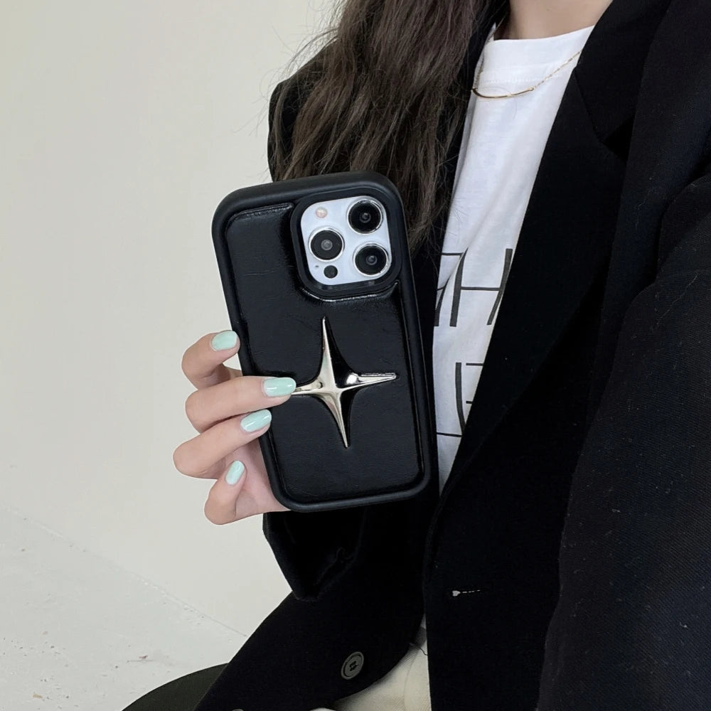 Luxury Metal Star PU Leather Phone Case For iPhone 15 14 13 12 Pro Max 15pro 14Pro Shockproof Cover Men Women Stylish Cases Caseverse
