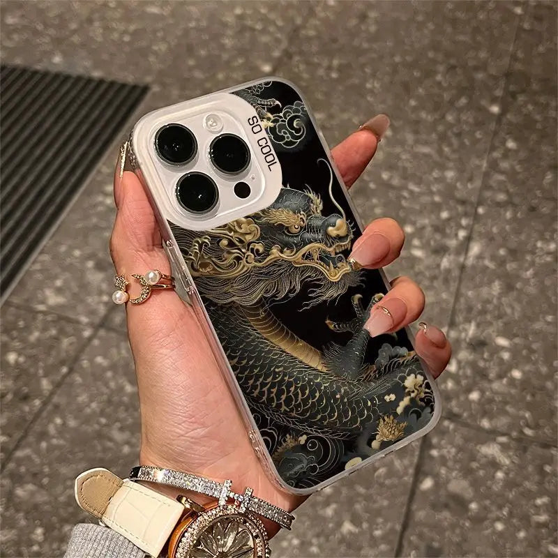 Golden Dragon Personality Pattern Shockproof Matte Phone Case For iPhone 16 15 14 13 12 11 Pro Max XR XS MAX 7 8 PLUS MINI Cover - Caseverse