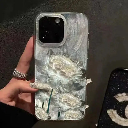 Luxury Five Lotus Pattern Phone Case For iPhone 16 15 14 13 12 11 Pro XR XS 7 8 Plus Shockproof Feather Chiffon Texture Cover﻿ Caseverse