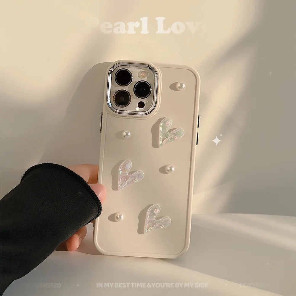 Ins Cute 3D Pearl Love Heart Phone Case For iPhone 16 15 14 13 12 11 Pro Max X XS XR 8 7 Plus SE 2022 Soft Silicone Bumper Cover - Caseverse