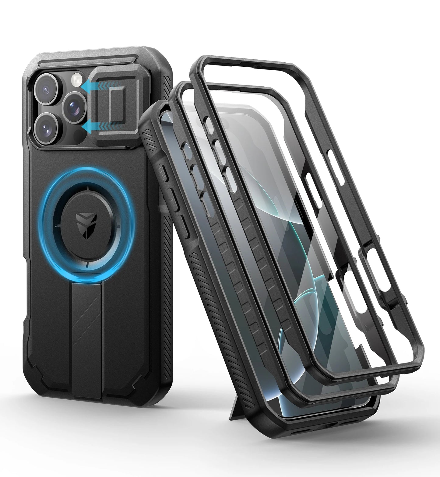 For iPhone 16 Pro Max Rugged Armor Shockproof Case with Built-in Sliding Camera Cover and Built-in Screen Protector Kickstand - Caseverse