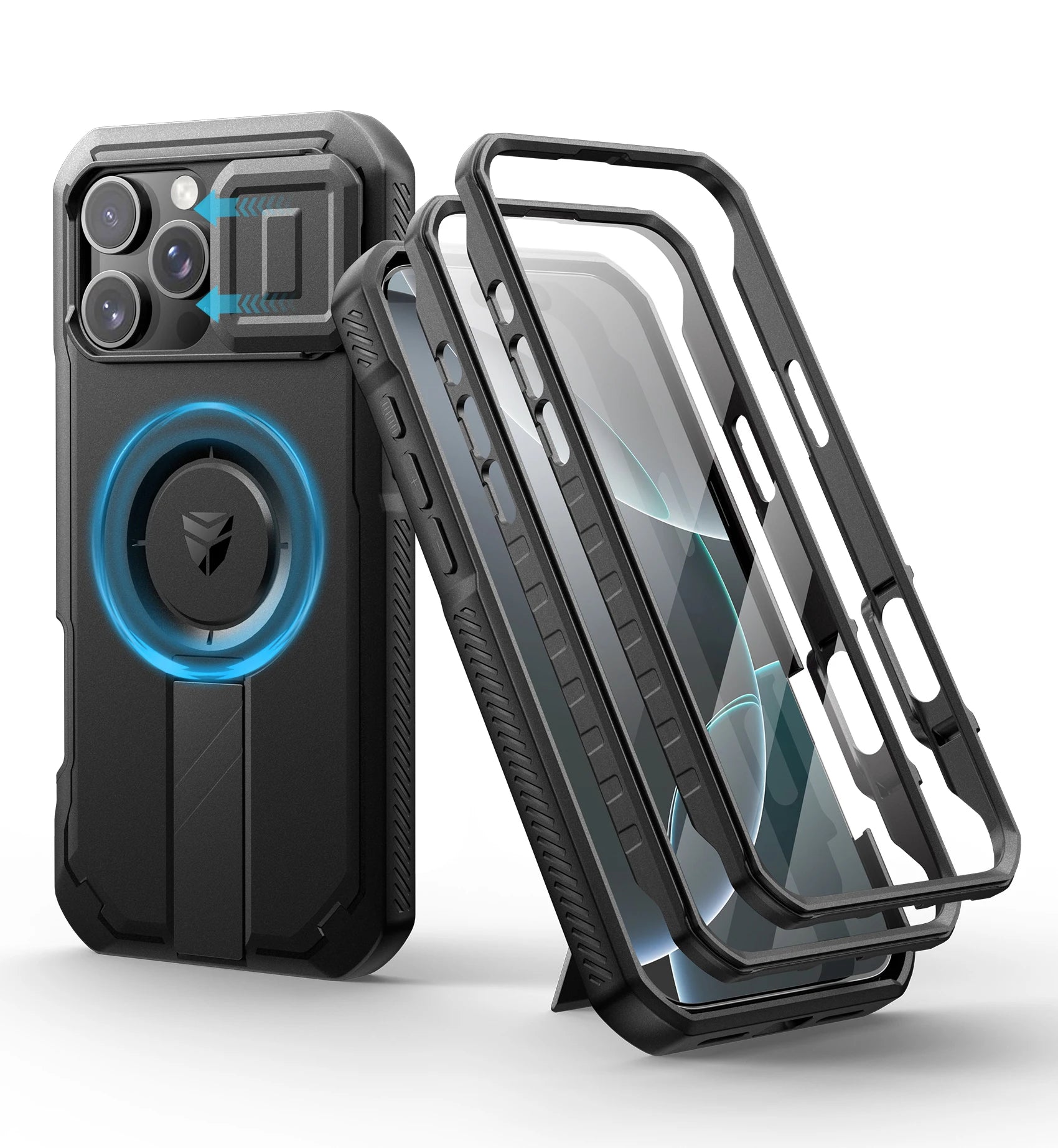 For iPhone 16 Pro Max Rugged Armor Shockproof Case with Built-in Sliding Camera Cover and Built-in Screen Protector Kickstand - Caseverse
