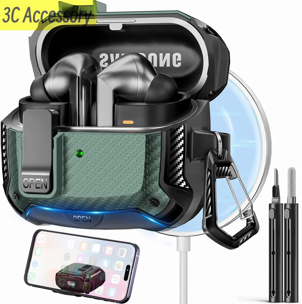 2025 New Phone Stand Case For Samsung Galaxy Buds 3 Pro Case With Secure Lock Clip & Cleaning kit Carbon Fiber Cover For Buds 3