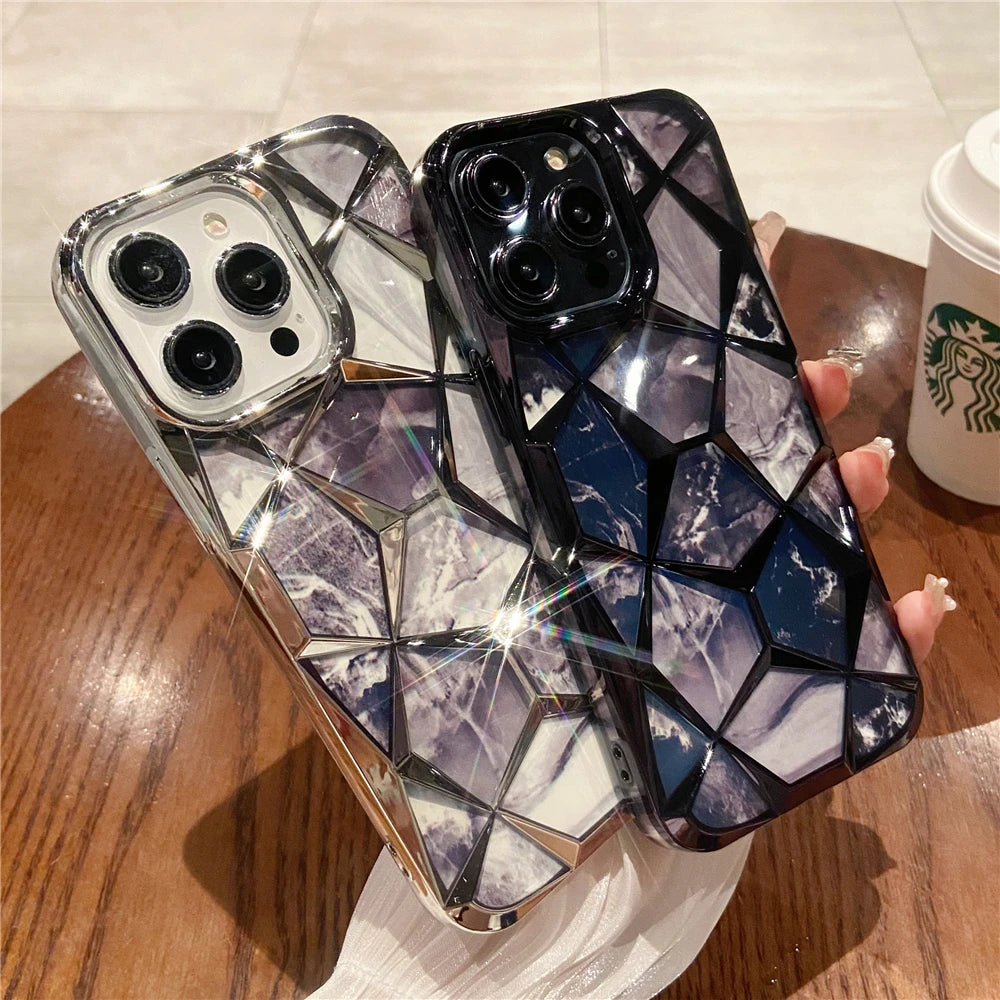 Plating Glitter Diamond Pattern Colorful Marble Phone Case For iPhone 15 13 11 12 14 Pro Max Soft Silicone Transparent Cover - Caseverse