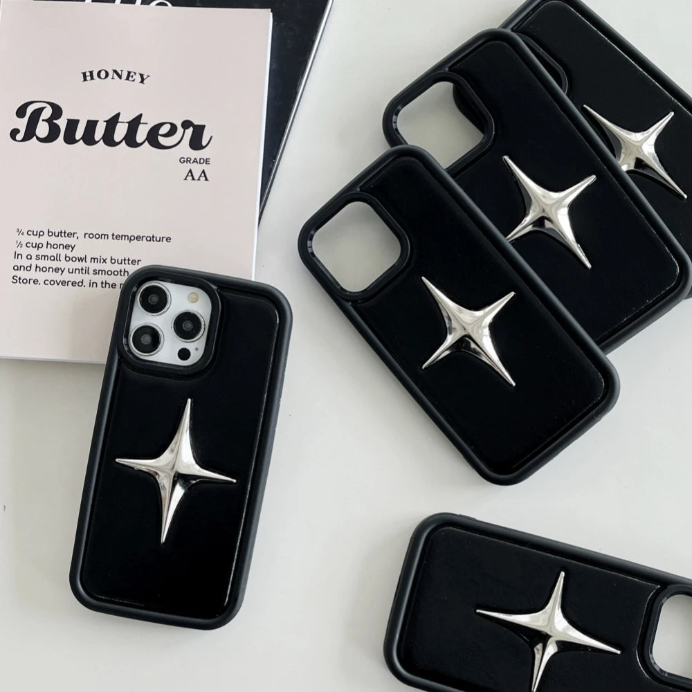 Luxury Metal Star PU Leather Phone Case For iPhone 15 14 13 12 Pro Max 15pro 14Pro Shockproof Cover Men Women Stylish Cases Caseverse