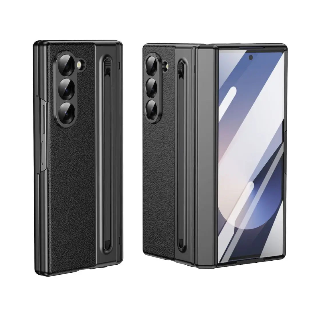 For Galaxy Fold6 S Pen Leather Phone Case Hinge Protection & Built-in Screen Protector Leather Phone Cover for Fold5 Fold4 Black - Caseverse