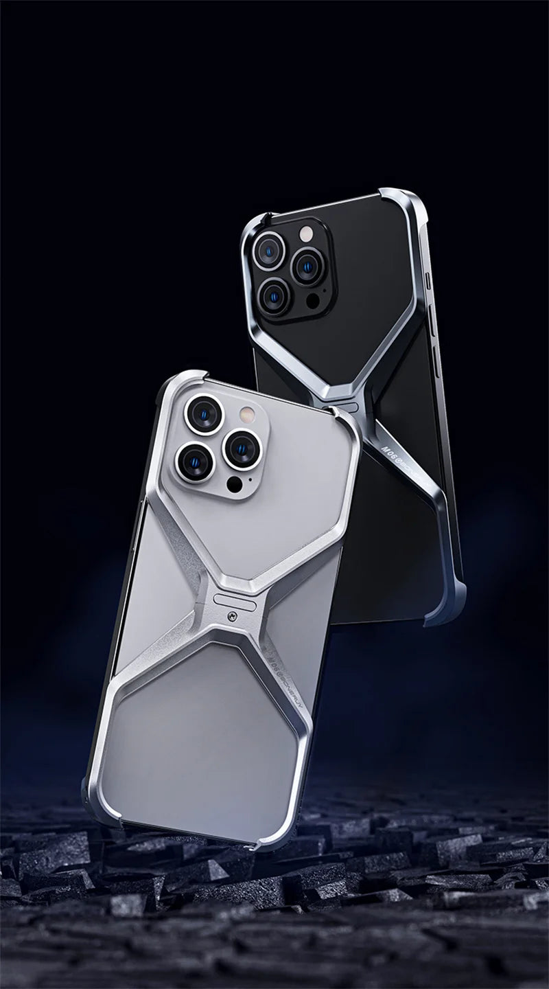 Luxury Aluminum Rimless Phone Case For iPhone 16 15 13 14 Pro Max Metal X Type Removable Heat Dissipation Armor Shockproof Cover