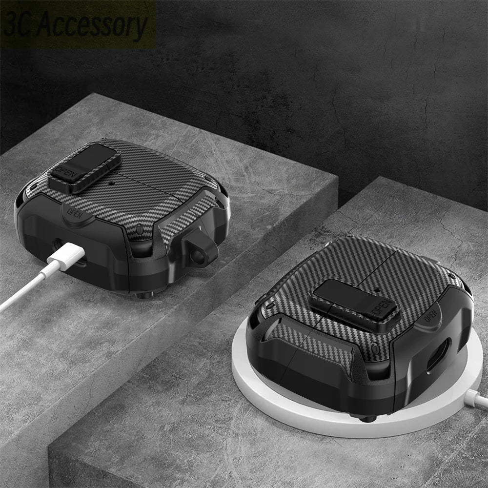 2025 New Phone Stand Case For Samsung Galaxy Buds 3 Pro Case With Secure Lock Clip & Cleaning kit Carbon Fiber Cover For Buds 3