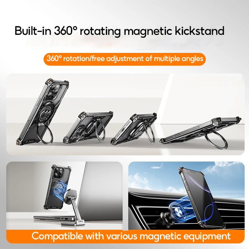 Eary for iPhone 16 Pro Max Bat Phone Case with Magsafe 360°Rotation Kickstand Metal Frameless Military Grade Shockproof Cover - Caseverse