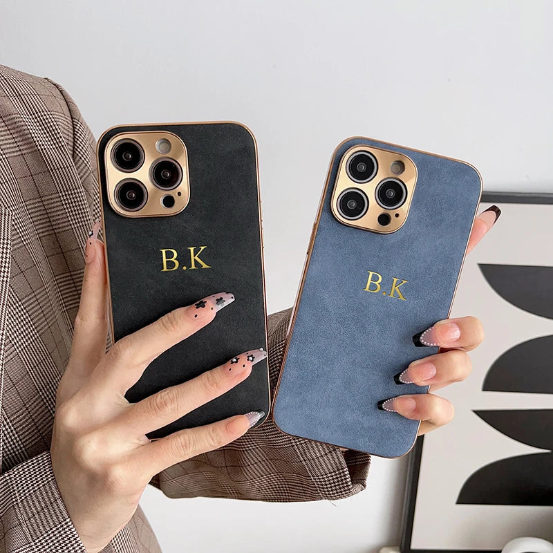 Leather Personalised Customized Name Case For Iphone 11 12 13 14 15 16 Pro Max Plating Frame Lambskin Initials Cover 16 11 15Pro Caseverse