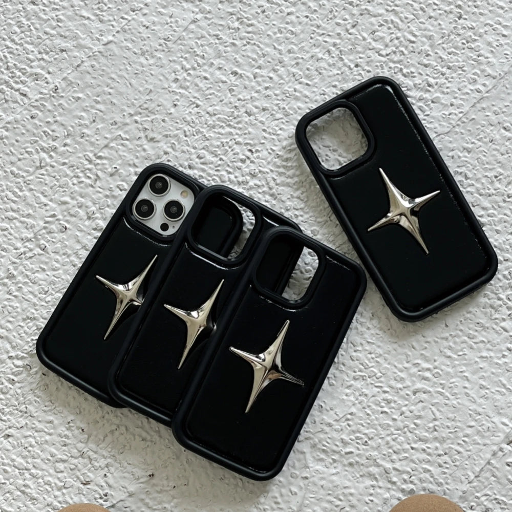 Luxury Metal Star PU Leather Phone Case For iPhone 15 14 13 12 Pro Max 15pro 14Pro Shockproof Cover Men Women Stylish Cases Caseverse