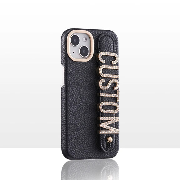 Leather Phone Case Custom Name Wristband Metal Gold Letters Personalized Cover for iPhone16 15 14 13 12 11ProMax 15 16plus Caseverse