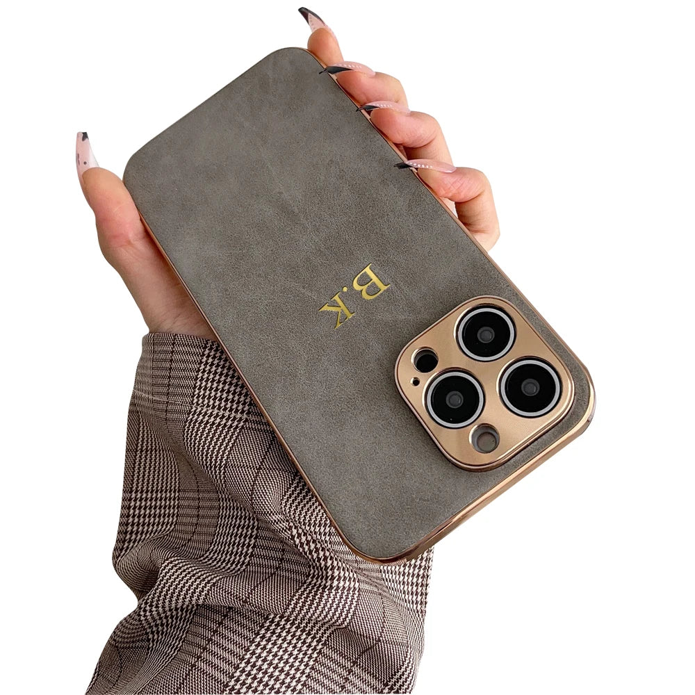 Leather Personalised Customized Name Case For Iphone 11 12 13 14 15 16 Pro Max Plating Frame Lambskin Initials Cover 16 11 15Pro Caseverse