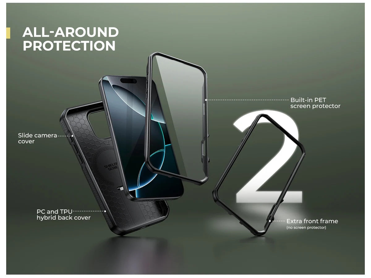 For iPhone 16 Pro Max Rugged Armor Shockproof Case with Built-in Sliding Camera Cover and Built-in Screen Protector Kickstand - Caseverse