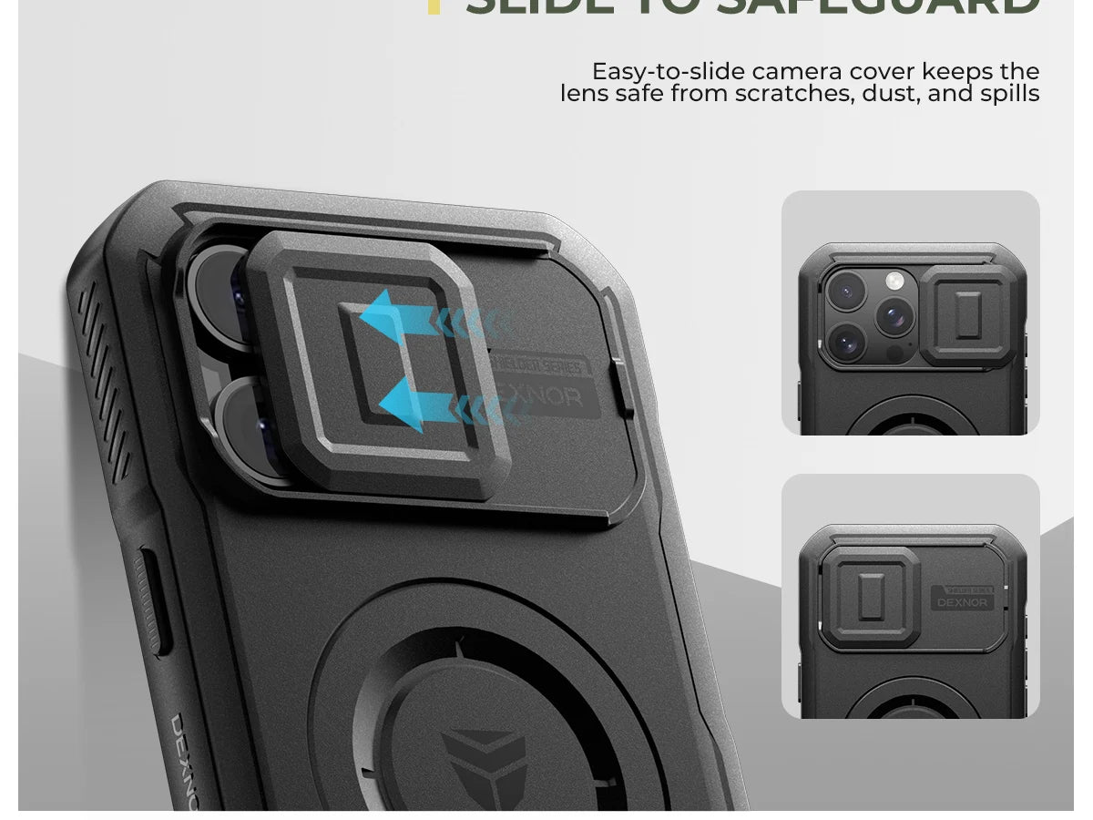 For iPhone 16 Pro Max Rugged Armor Shockproof Case with Built-in Sliding Camera Cover and Built-in Screen Protector Kickstand - Caseverse