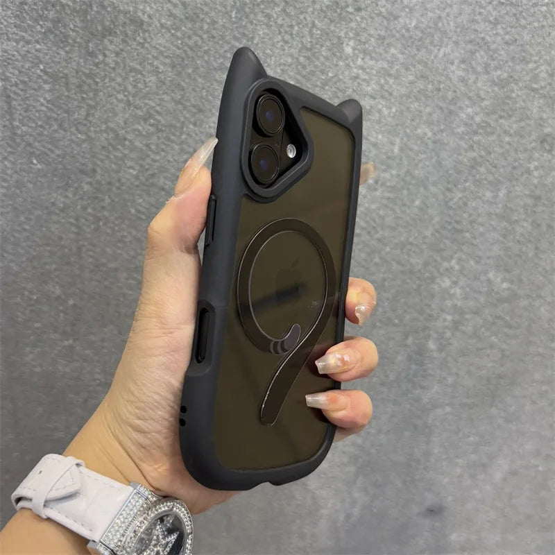 Cute Cat Ear Magsafe Case for iPhone 13 14 15 16 Pro Max 11 12 15 16 Plus Transparent PC TPU Armor Cover with Wrist Strap Chain - Caseverse