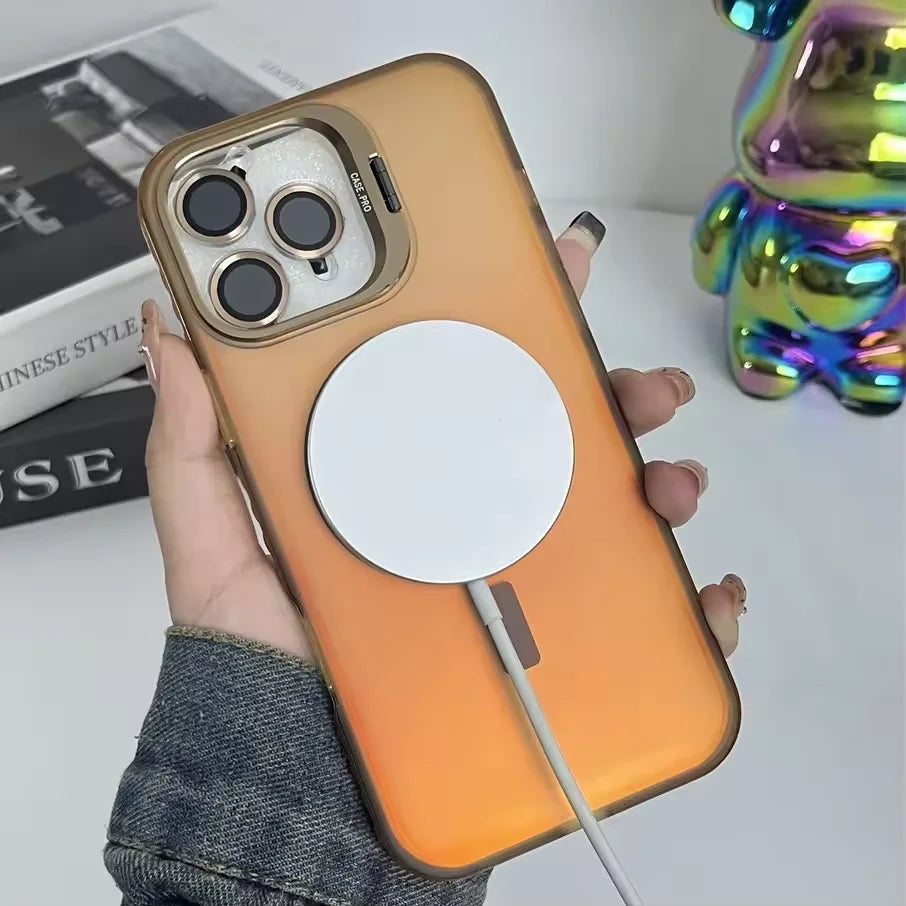 Gradient Metal Lens Holder Magsafe Phone Case for IPhone 16 15 14 Plus 13 12 Pro Max Back Lens Glass Film Matte PC Hard Cover Caseverse