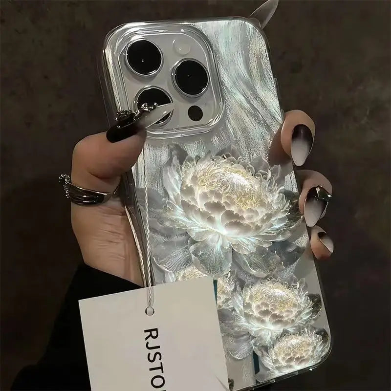 Five Golden Lotus Pattern Phone Case for IPhone 11 13 14 15 16 Pro Max 7 8 14 15 Plus X XS Max XR 16e Feather Texture Hard Cover - Caseverse