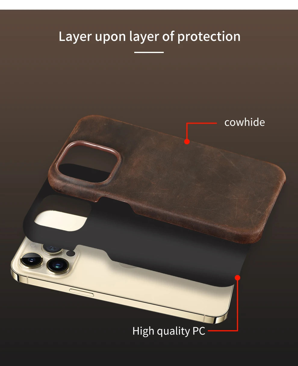 Retro Cowhide Phone Case for iPhone 16 15 13 14 Pro Max 16Pro 14Pro 15Pro Luxury Crazy Horse Genuine PULL-UP Leather Back Cover Caseverse