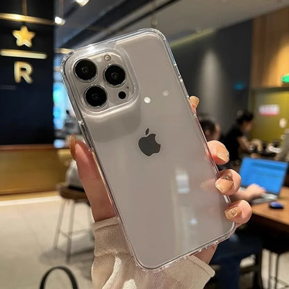 A hand holds a transparent phone case on a white iPhone with a triple camera.