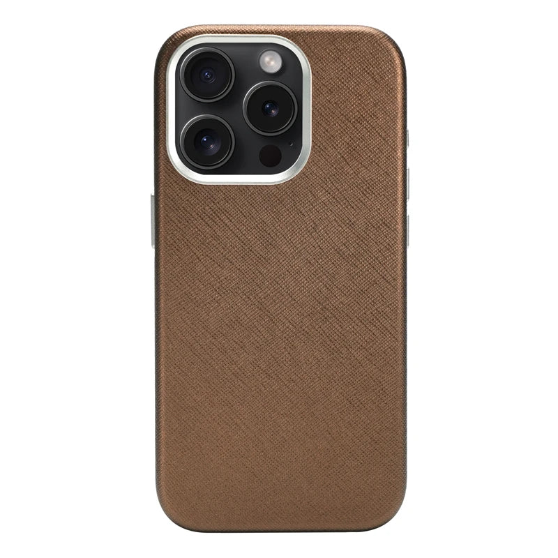 Alloy Lens Silk Texture PU Leather MagSafe Phone Case For iPhone 16 16pro max 15 Pro 14 13 Wireless Charging Hard Armor Cover - Caseverse