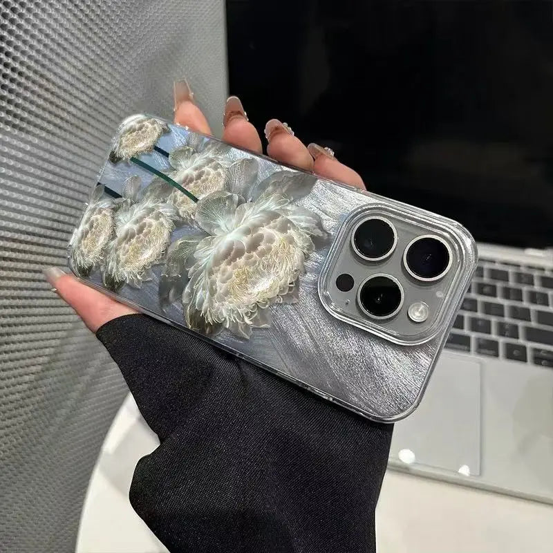 Five Golden Lotus Pattern Phone Case for IPhone 11 13 14 15 16 Pro Max 7 8 14 15 Plus X XS Max XR 16e Feather Texture Hard Cover - Caseverse