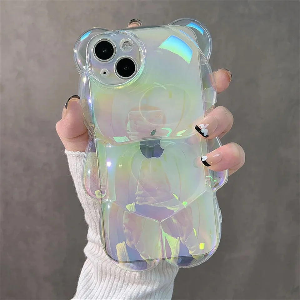 Luxury laser cute 3D bear anti-drop bumper shockproof phone case for iPhone 11 12 13 14 Pro Max shockproof Soft silicone cover - Caseverse