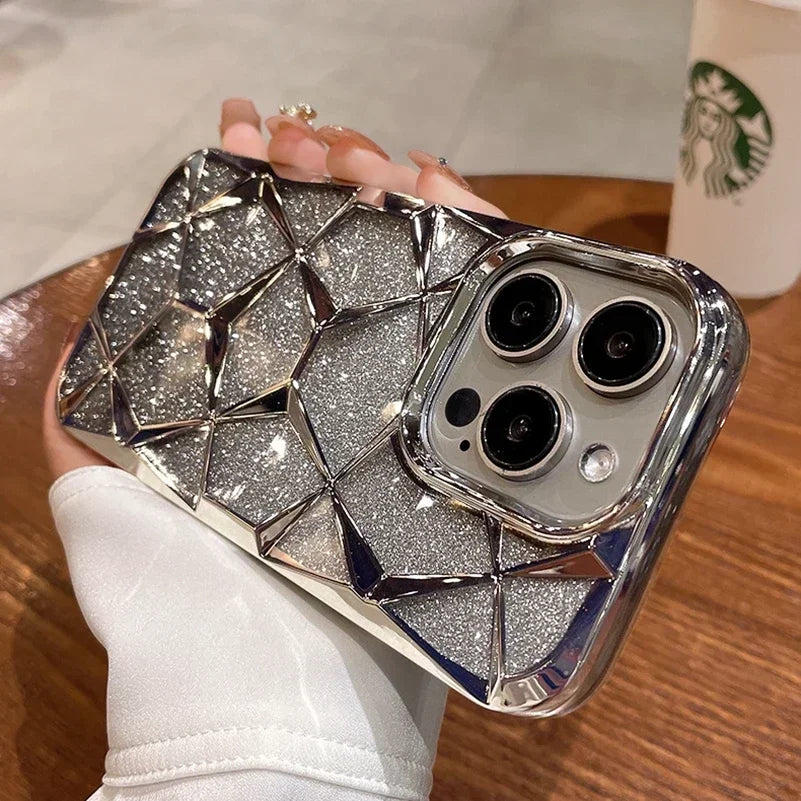 Luxury Girl's Phone Case for iPhone 15 14 13 12 11 Pro Max Plus Glitter Bling 3D Cube Diamond Marble Soft TPU Shockproof Cover - Caseverse