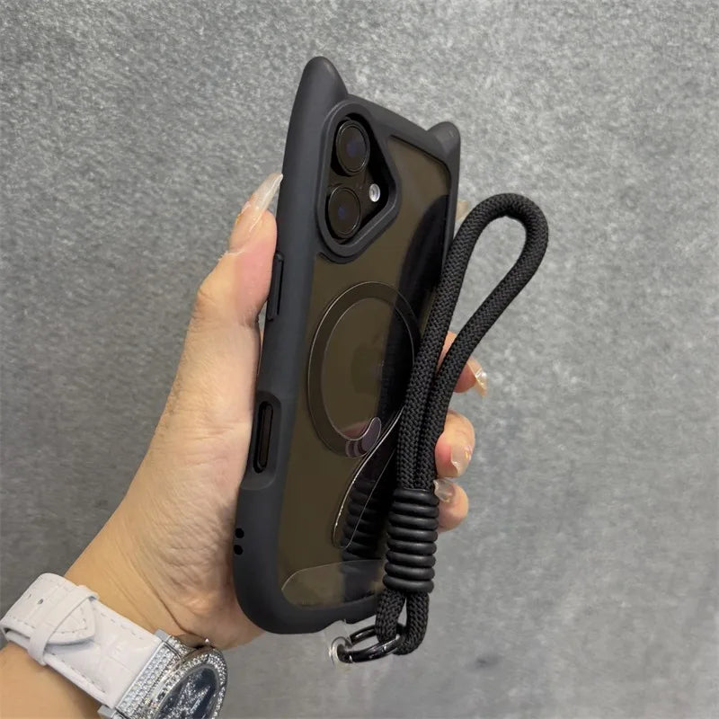 Cute Cat Ear Magsafe Case for iPhone 13 14 15 16 Pro Max 11 12 15 16 Plus Transparent PC TPU Armor Cover with Wrist Strap Chain - Caseverse