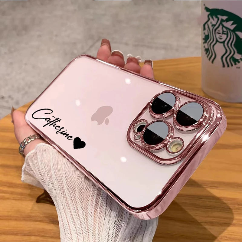 Personalised Customized Name Case For iPhone 16 15 14 13 12 11 Pro Max Luxury Plating Transparent Clear Cover DIY 15 16 Pro Max Caseverse