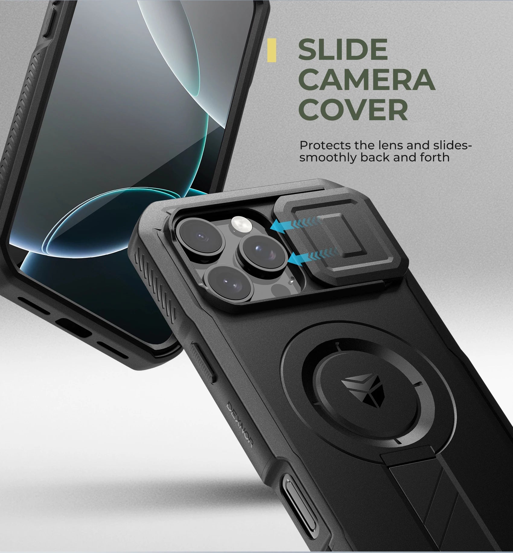 For iPhone 16 Pro Max Rugged Armor Shockproof Case with Built-in Sliding Camera Cover and Built-in Screen Protector Kickstand - Caseverse