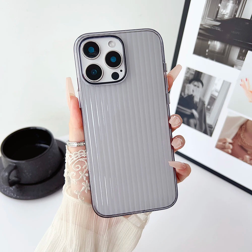 Metal Button Key Vertical Stripe Corrugated Clear Phone Case for IPhone 13 14 15 16 Pro Max Shockproof PC Protective Back Cover Caseverse
