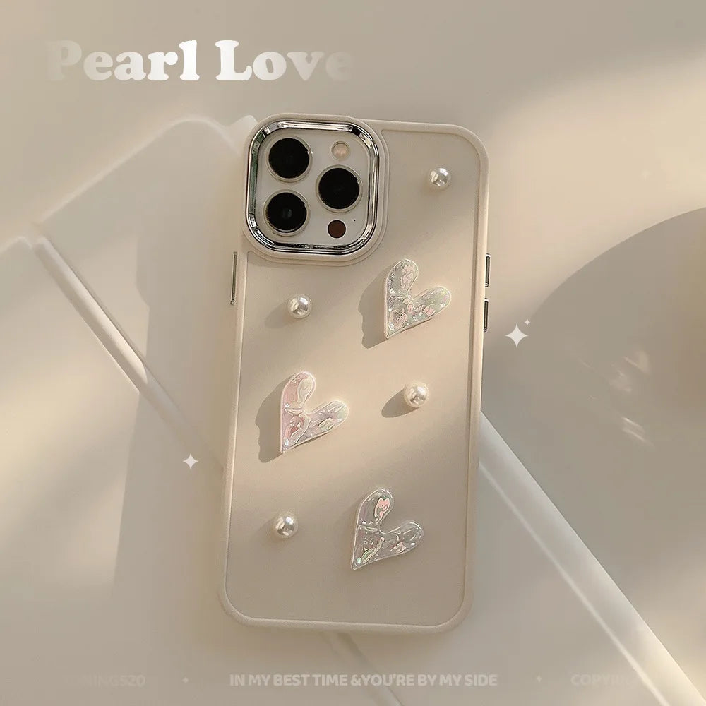 Ins Cute 3D Pearl Love Heart Phone Case For iPhone 16 15 14 13 12 11 Pro Max X XS XR 8 7 Plus SE 2022 Soft Silicone Bumper Cover - Caseverse