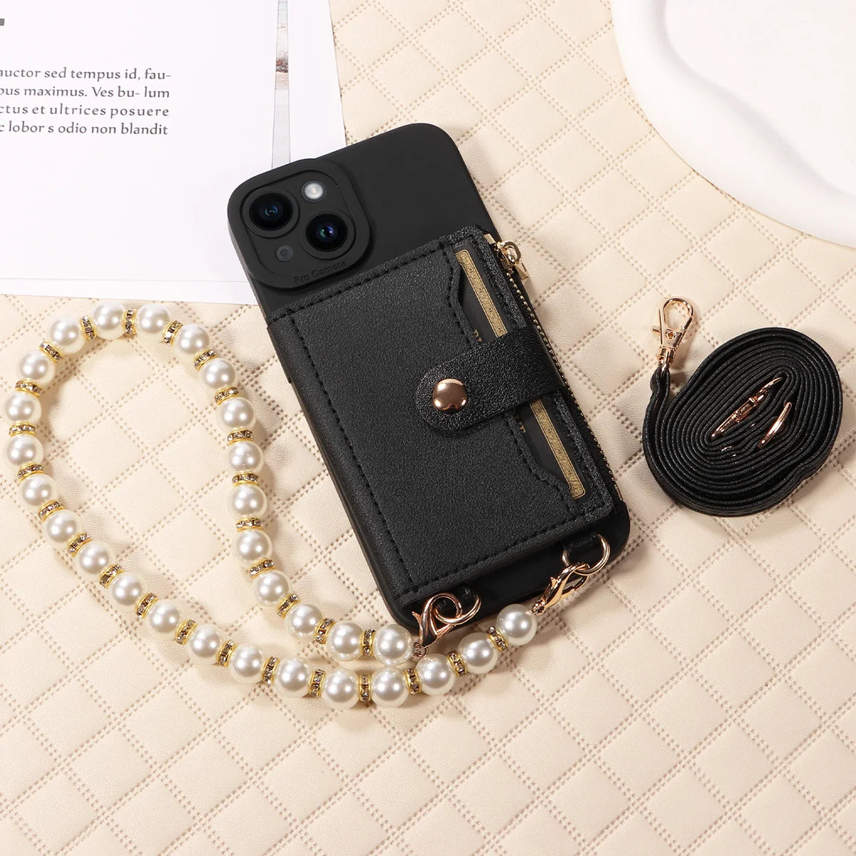 Stylish Mirror Zipper and Pearl Cord Phone Case for IPhone13promax 12mini 11promax 7 Crossbody Fall-proof Faux Leather Cover