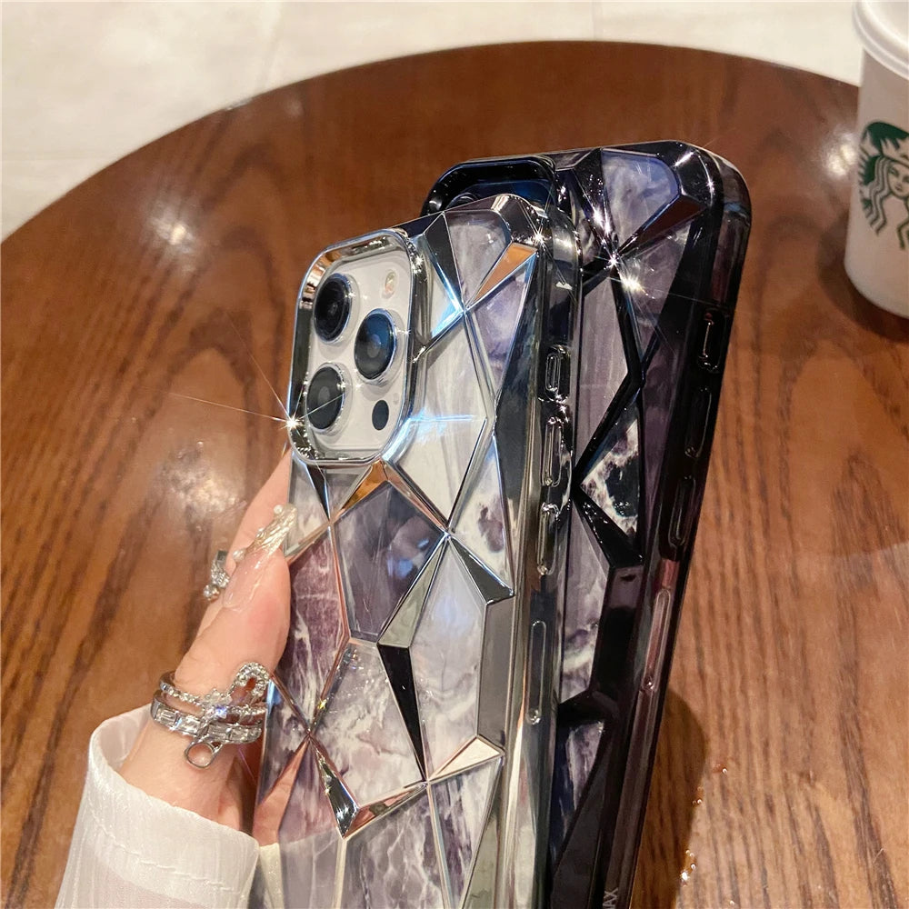 Plating Glitter Diamond Pattern Colorful Marble Phone Case For iPhone 15 13 11 12 14 Pro Max Soft Silicone Transparent Cover - Caseverse