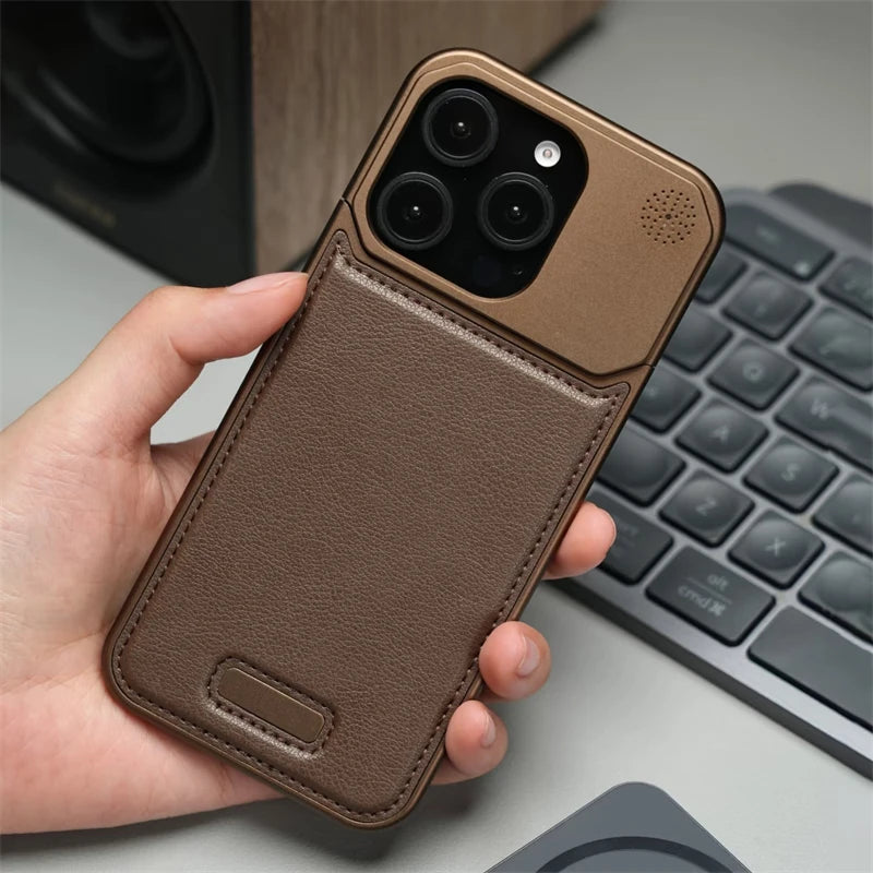 Aluminum Alloy Leather Magnetic Phone Case For iPhone 16 16pro 15 14 Pro Max Wireless Charging Metal Frameless Shockproof Cover Caseverse