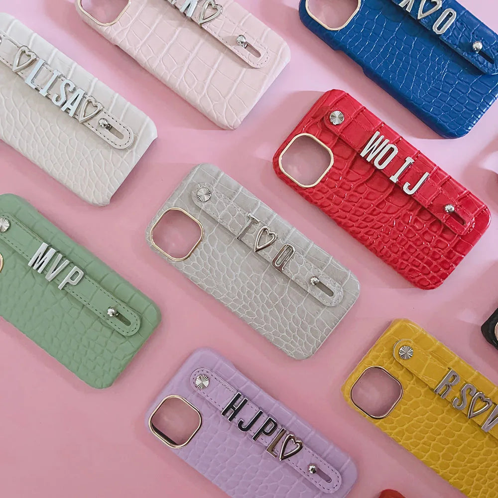 Luxury Custom Personalised Name Silver Metal Letter Charm Leather Phone Cases For Iphone 14 13 12 11 15 Pro Max 16 pro max Cover Caseverse