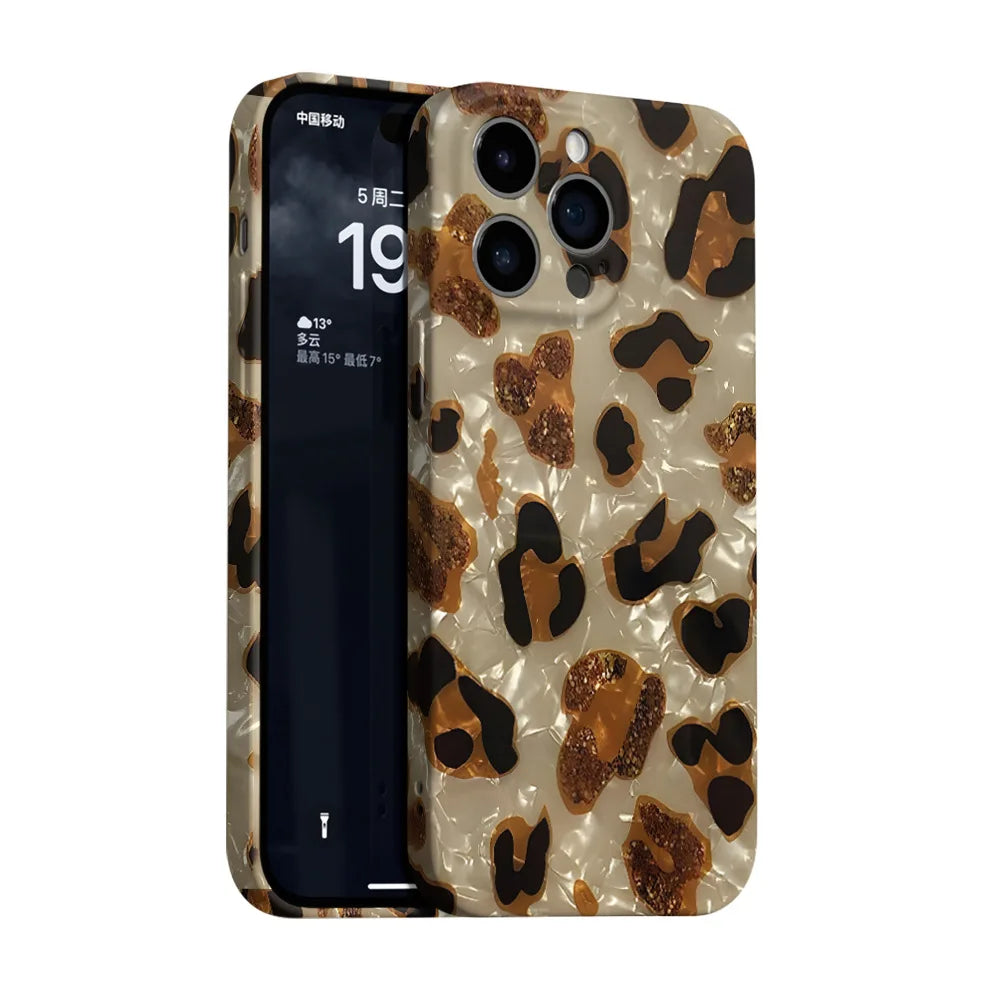 Vintage Glitter Leopard Print Phone Case For IPhone 16 15 13 12 11 Pro Max 14 Plus Dream Shell Leopard Marble Texture Hard Cover - Caseverse