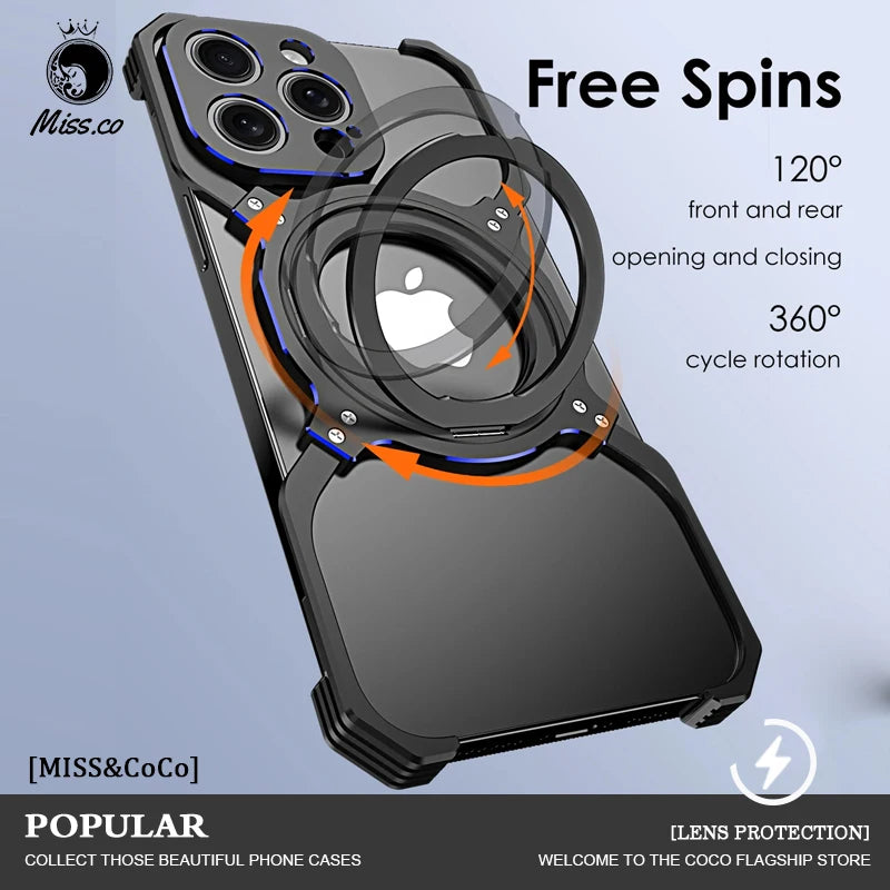 360° Stand Metal Rimless Magnetic Phone Case For iPhone 13 14 15 Pro Max Metal Bumper Lens Protection Metal Skeleton Phone Cover