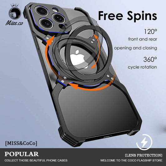 360° Stand Metal Rimless Magnetic Phone Case For iPhone 13 14 15 Pro Max Metal Bumper Lens Protection Metal Skeleton Phone Cover