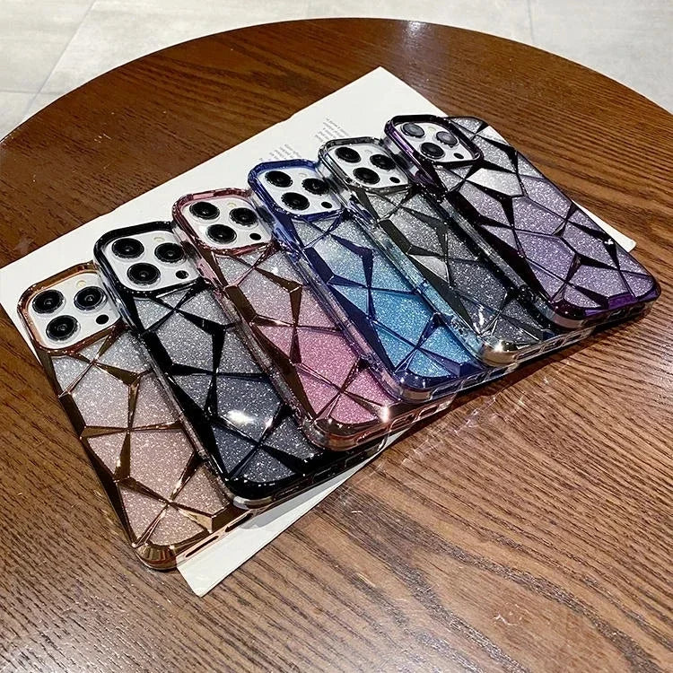 Luxury Girl's Phone Case for iPhone 15 14 13 12 11 Pro Max Plus Glitter Bling 3D Cube Diamond Marble Soft TPU Shockproof Cover - Caseverse