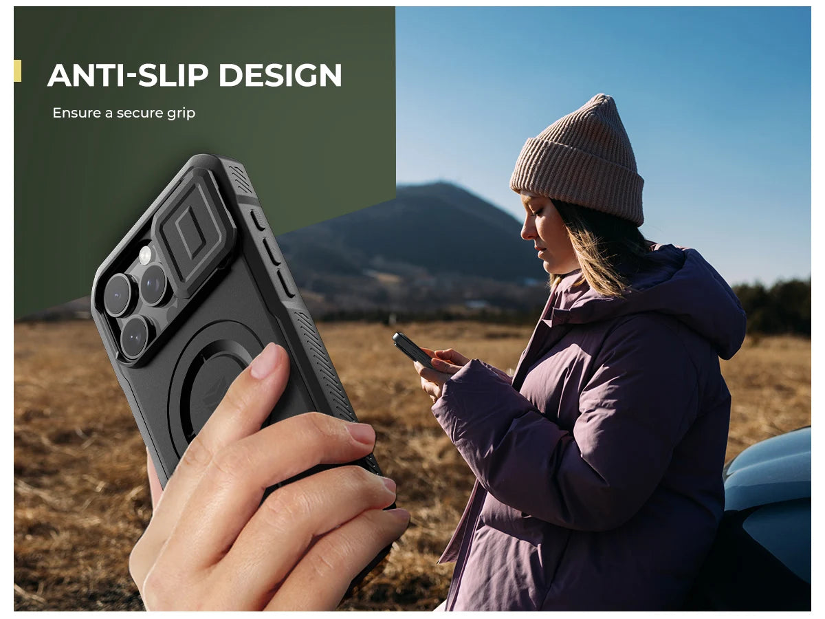 For iPhone 16 Pro Max Rugged Armor Shockproof Case with Built-in Sliding Camera Cover and Built-in Screen Protector Kickstand - Caseverse