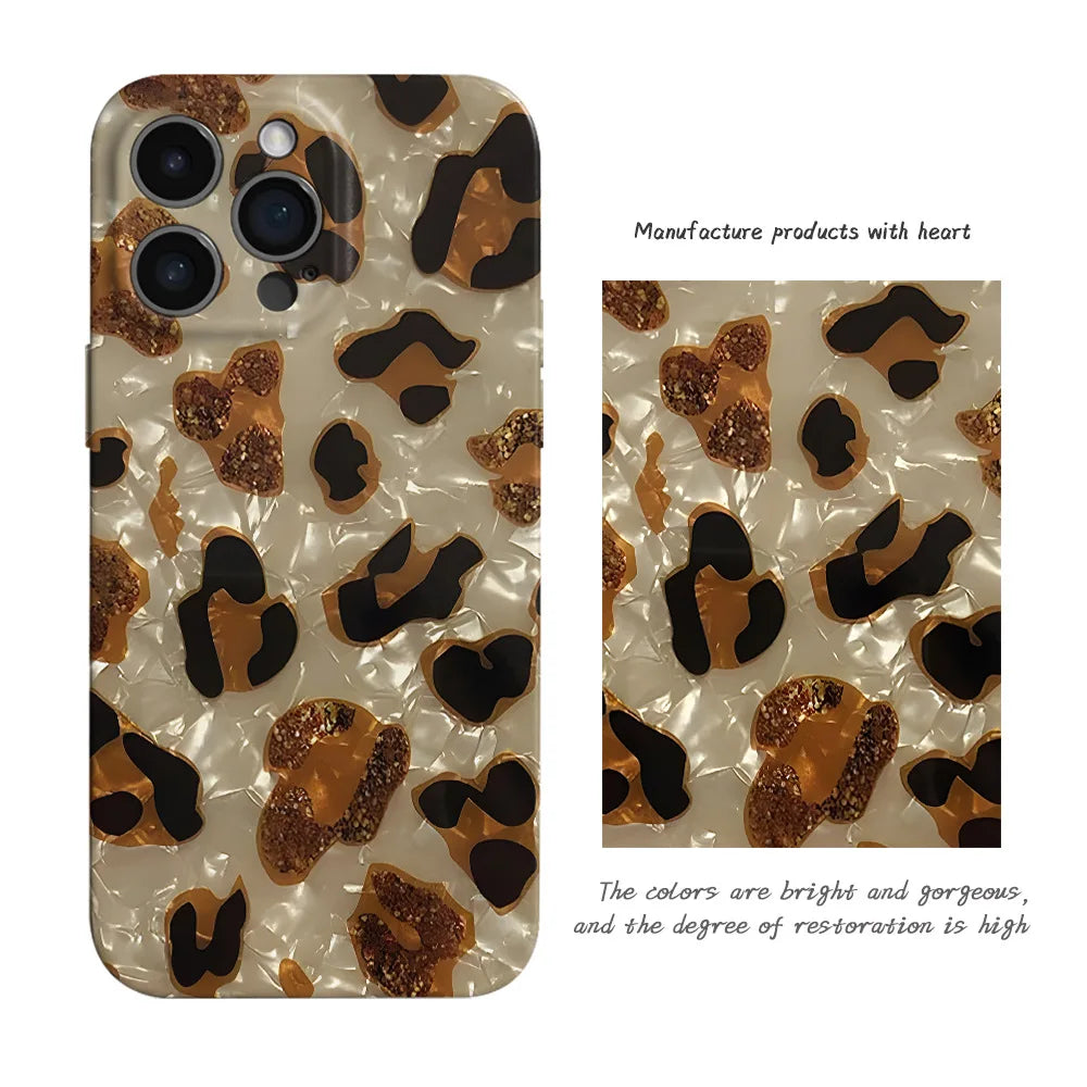 Vintage Glitter Leopard Print Phone Case For IPhone 16 15 13 12 11 Pro Max 14 Plus Dream Shell Leopard Marble Texture Hard Cover - Caseverse
