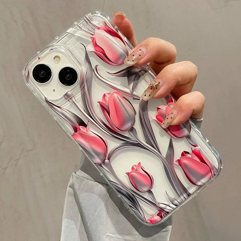 Metal Tulip Pattern Airbag Protective Phone Case For iPhone 14 13 11 15 16 Pro Max 16E 12 Mini XS XR X 8 7 Plus SE 2 Plus Cover Caseverse