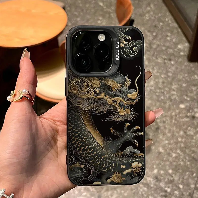 Golden Dragon Personality Pattern Shockproof Matte Phone Case For iPhone 16 15 14 13 12 11 Pro Max XR XS MAX 7 8 PLUS MINI Cover - Caseverse