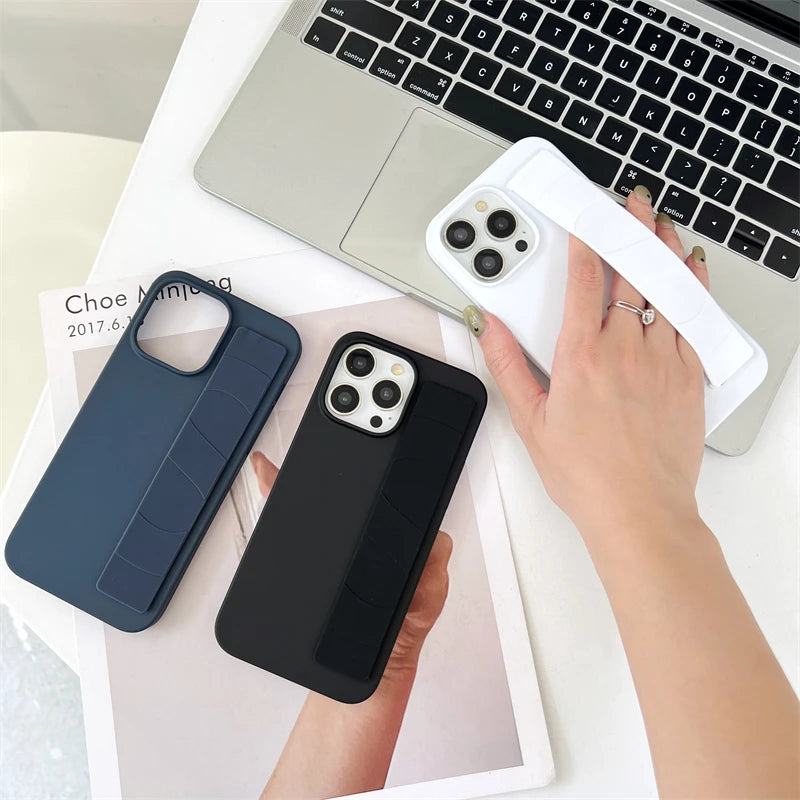 Luxury Solid Stretch Silicone Wrist Strap Case For iphone 11 12 13 14 15 Pro Max Plus UltraThin Matte Shockproof Hard Back Cover - Caseverse